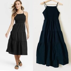 Universal Thread SMALL black linen blend smocked top tiered pocketed midi dress